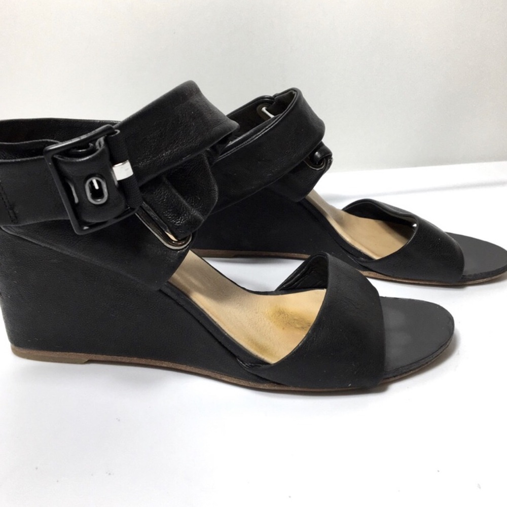 rag & bone black leather ankle strap wedges. 7.
